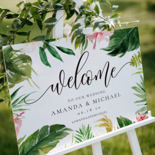 Begrüßungszeichen für tropisches Leaf und Blumen Poster