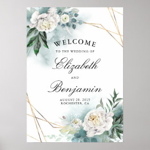 Begrüßungszeichen für weiße Blume und Goldrahmen Poster