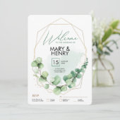 Begrüßungszeichen Hochzeitsfeier Grüne eucalyptus  Einladung (Stehend Vorderseite)