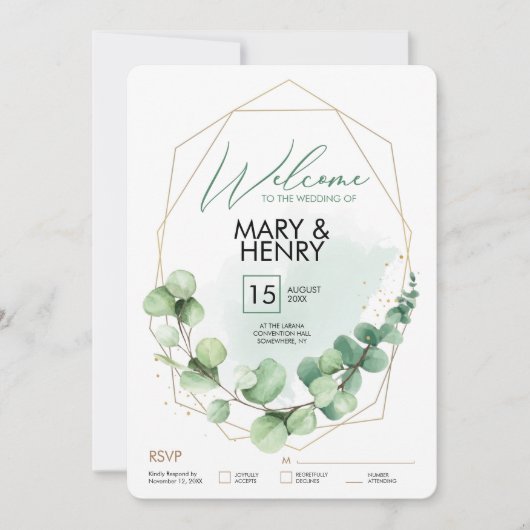 Begrüßungszeichen Hochzeitsfeier Grüne eucalyptus Einladung (Vorderseite)