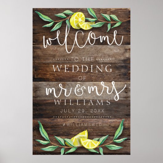 BEGRÜSSUNGSZEICHEN | Rustic Wood Lemon Wedding Pos Poster (Vorne)