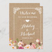 Begrüßungszeichen | Rustikale Burlap Floral Einladung (Vorne/Hinten)