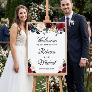 Begrüßungszeichen von Burgundy Blush Blue Floral Poster