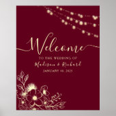 Begrüßungszeichen von Burgundy Gold Floral Wedding Poster (Vorne)