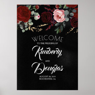 Begrüßungszeichen von Burgundy Red Floral Black Poster