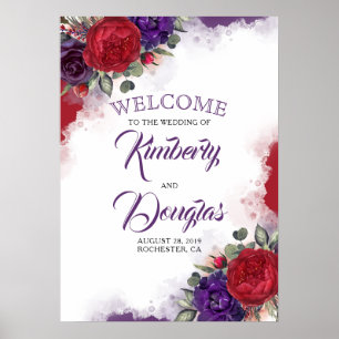 Begrüßungszeichen von Burgundy Red Floral Eggplant Poster