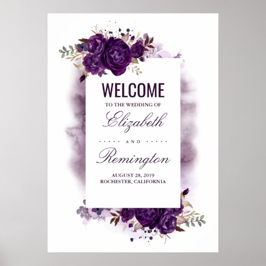 Begrüßungszeichen von Eggplant Lila Blumenhochzeit Poster (Vorne)