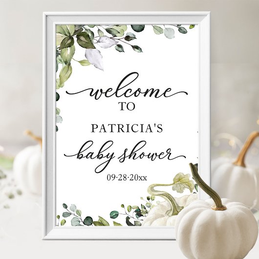 Begrüßungszeichen von Greenery Pumpkin Fall Baby D Poster