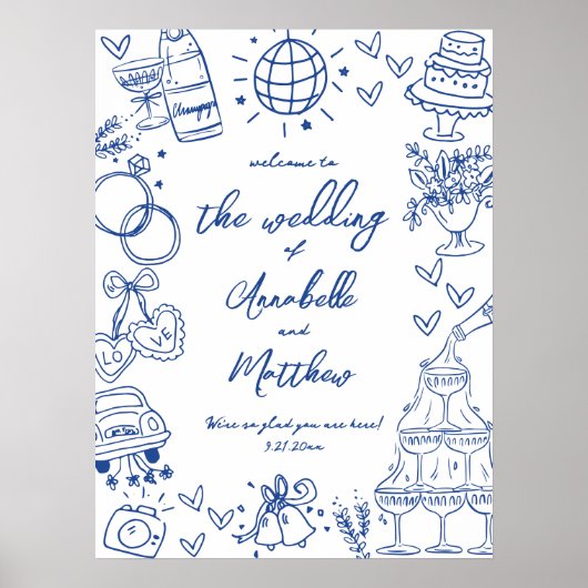 Begrüßungszeichen von Hand Drawn Blue Whimsical Poster (Vorne)