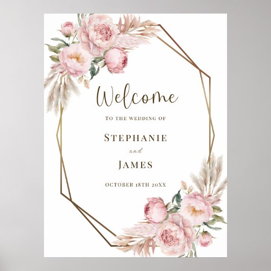 Begrüßungszettel Pink Floral Wedding Value Poster (Vorne)