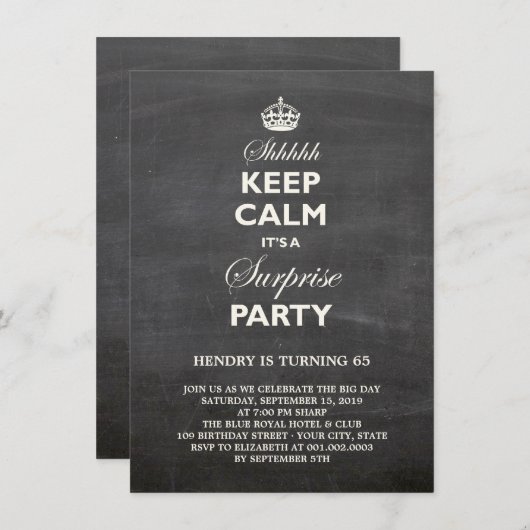 Behalt Calm Funny Chalkboard Überraschung Geburtst Einladung (Vorne/Hinten)
