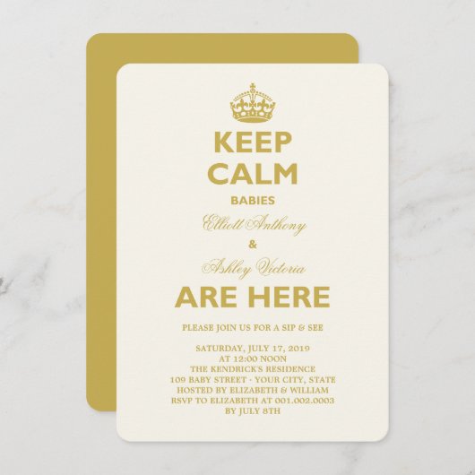 Behalt Calm Funny Sip & See Twins New Babies Birth Einladung (Vorne/Hinten)