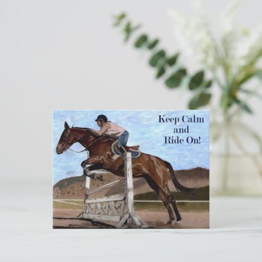 Behalt Calm & Ride On! Reitpferd Postkarte (Stehend Vorderseite)