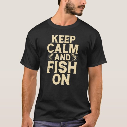 Behalt Ruhe und Fische auf lustigem schwarzen T -  T-Shirt (Vorderseite)