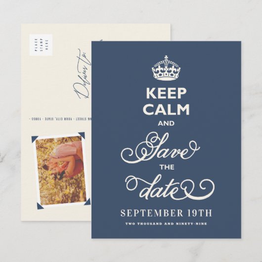 Behalt Ruhe und Save the Date locker Script Funny  Ankündigungspostkarte (Vorne/Hinten)