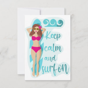 Behalt Ruhe und surfe auf brünettem Mädchen Dankeskarte
