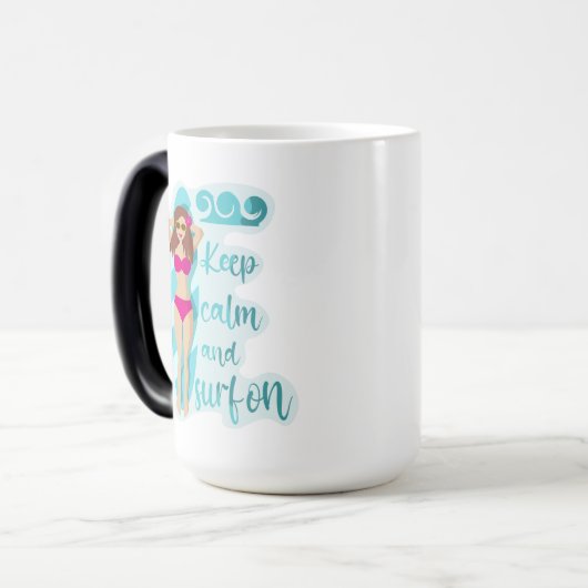 Behalt Ruhe und surfe auf brünettem Mädchen Verwandlungstasse (Vorderseite Links)