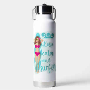 Behalt Ruhe und surfe auf der brünetten Girl Card Trinkflasche