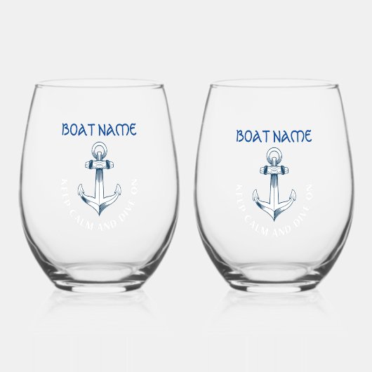 Behalt Ruhe und tauche auf, Anchor Navy Blau Weinglas Ohne Stiel (Vorderseite)