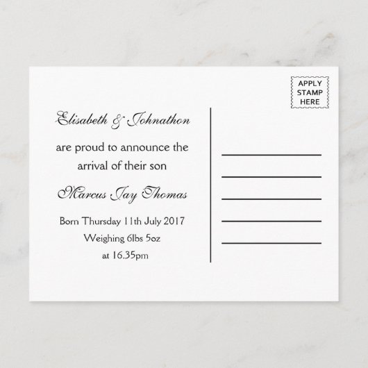 Behalt Ruhe, wir hatten einen Babyjungen, Kinderan Ankündigungspostkarte (Rückseite)