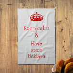 behalten Ruhe - Baklava Geschirrtuch<br><div class="desc">"Behalt ruhig und habe etwas Baklava" Ein humorvolles Textdesign,  das auf einem Küchentuch gedruckt ist. Geben Sie es jemandem,  der dieses Nuss-gefüllte Teig aus dem Nahen Osten genießt. Alma Wad hat das Design erstellt.</div>