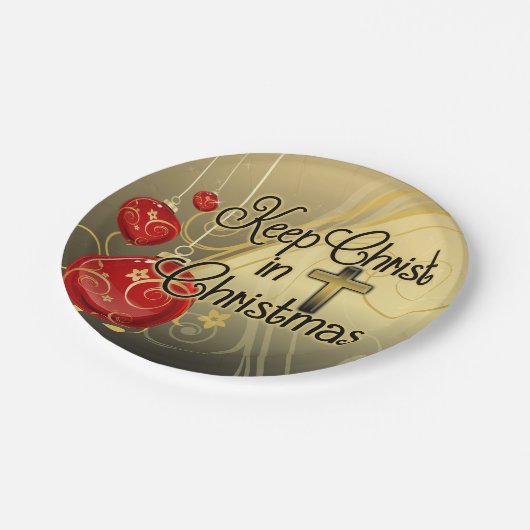 Behalten Sie Christus im Weihnachten, Gold/rotes Pappteller (Schrägansicht)