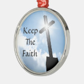 Behalten Sie das Glauben-Kreuz auf blaue Silbernes Ornament (Links)