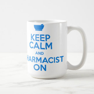 Behalten Sie Ruhe und Apotheker auf Tasse