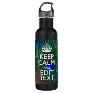 Behalten Sie Ruhe und Ihren Text auf Pfau-Federn Trinkflasche