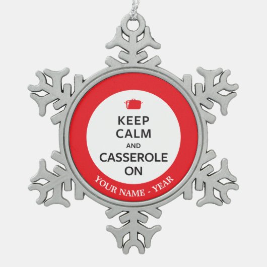 Behalten Sie Ruhe und Kasserolle an Schneeflocken Zinn-Ornament (Vorderseite)