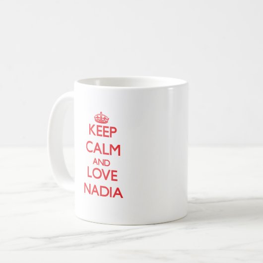 Behalten Sie Ruhe und Liebe Nadia Kaffeetasse (Vorderseite Links)