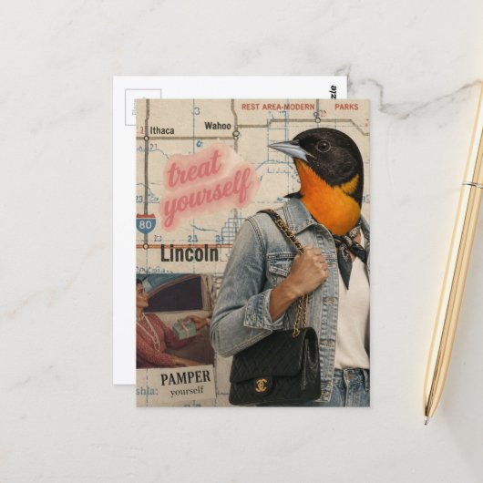Behandle dich selbst Vogel Collage Postkarte (Vorderseite/Rückseite Beispiel)