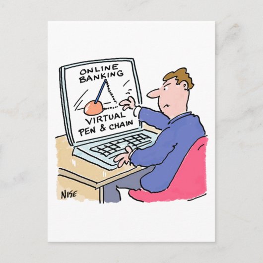 Bei Computer-Online-Banking Lustige Cartoon Postkarte (Vorderseite)