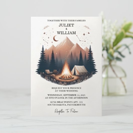 Bei der Hochzeit des Campings "Hüttenwald-Himmel-T Einladung (Stehend Vorderseite)