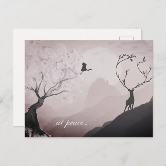 bei Frieden ~ Rosa Vollmond und Berglandschaft Jap Postkarte (Vorne/Hinten)