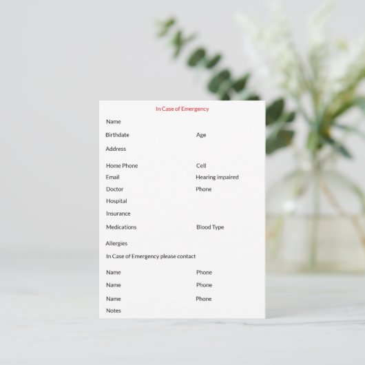 Bei Notfall-Kontaktkarte Postkarte (Stehend Vorderseite)