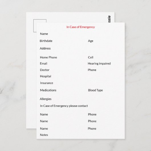 Bei Notfall-Kontaktkarte Postkarte (Vorne/Hinten)