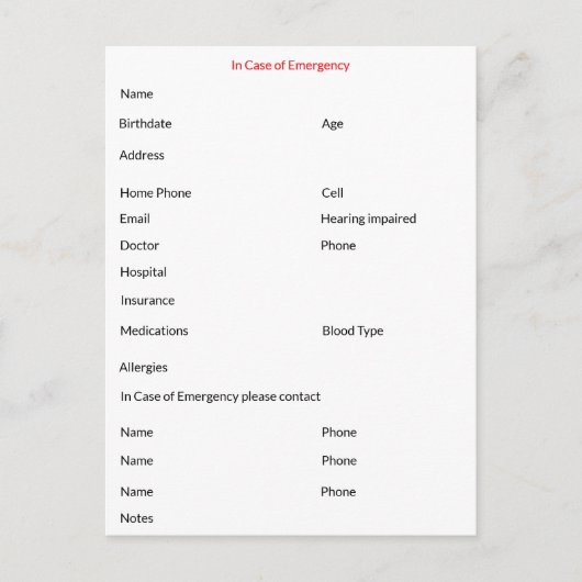 Bei Notfall-Kontaktkarte Postkarte (Vorderseite)