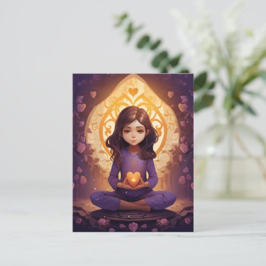 Bei Peace Hübsch Meditating Yoga Girl Lila Hearts Postkarte (Stehend Vorderseite)
