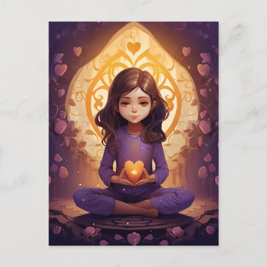 Bei Peace Hübsch Meditating Yoga Girl Lila Hearts Postkarte (Vorderseite)