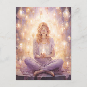 Bei Peace Hübsch Meditation Yoga Girl Lila Gold Postkarte