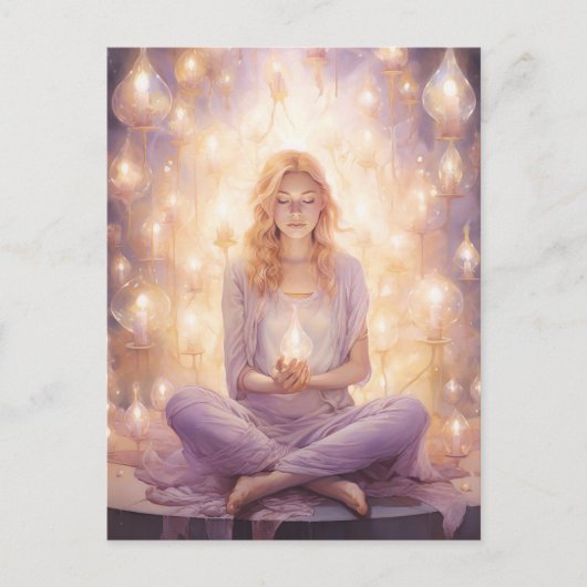 Bei Peace Hübsch Meditation Yoga Girl Lila Gold Postkarte (Vorderseite)