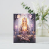 Bei Peace Hübsch Meditation Yoga Girl Lila Gold Postkarte (Stehend Vorderseite)