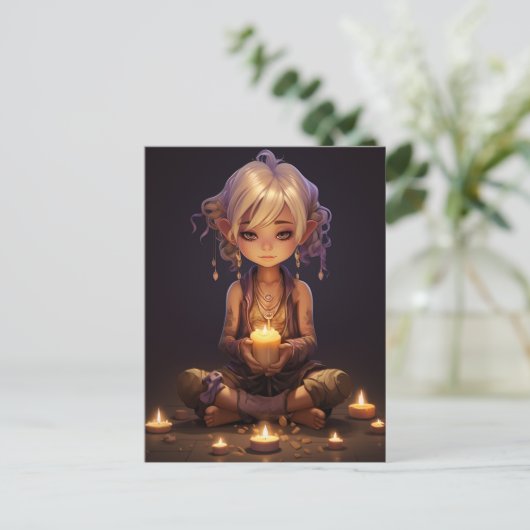Bei Peace Hübsch Meditation Yoga Girl Lila Gold Postkarte (Stehend Vorderseite)