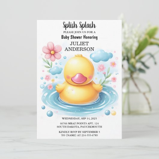 Bei Toy Pool Foam Bash Twin Rubber Duck Baby Duck Einladung (Stehend Vorderseite)