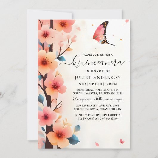 Bei Wood Tree Pink Girly Cherry Blossom Quinceaner Einladung (Vorderseite)