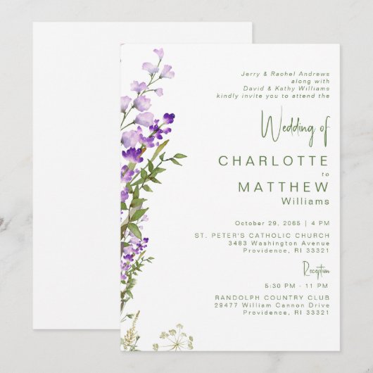 Beide Eltern 2 Veranstaltungsort Lavendel Wedding Einladung (Vorne/Hinten)