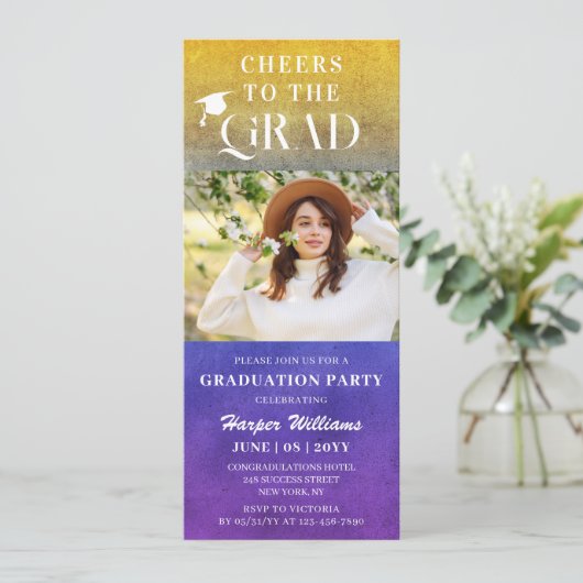 Beifall für das Grand trendy Moderne Foto Lila Gol Einladung (Stehend Vorderseite)