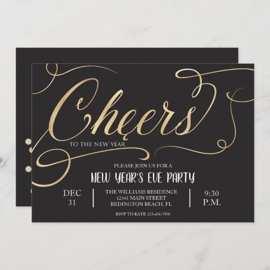 Beifall für das neue Jahr Elegante Script Black Einladung (Vorne/Hinten)