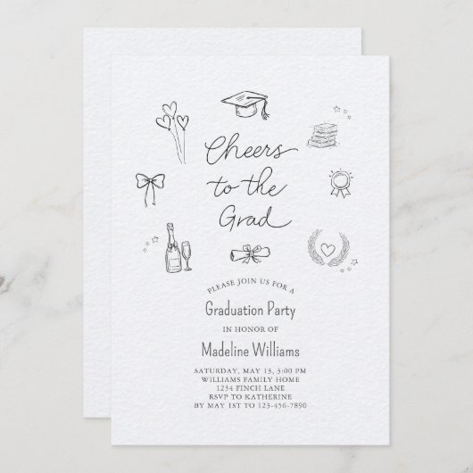 Beifall für den Grad Whimsical Doodle Abschluss Einladung (Vorne/Hinten)